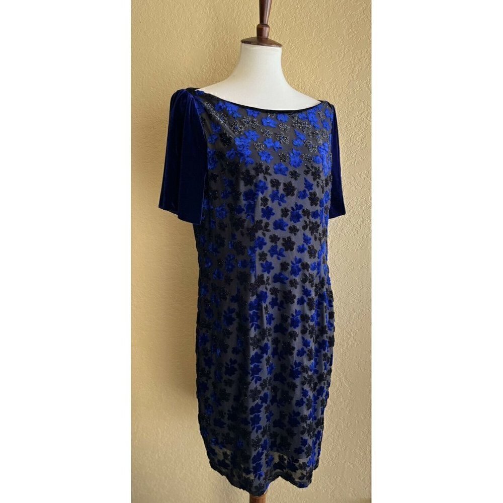 T Tahari Women's Blue Riley Floral Velvet Boat neck Burnout Dress Size L - Picture 12 of 12